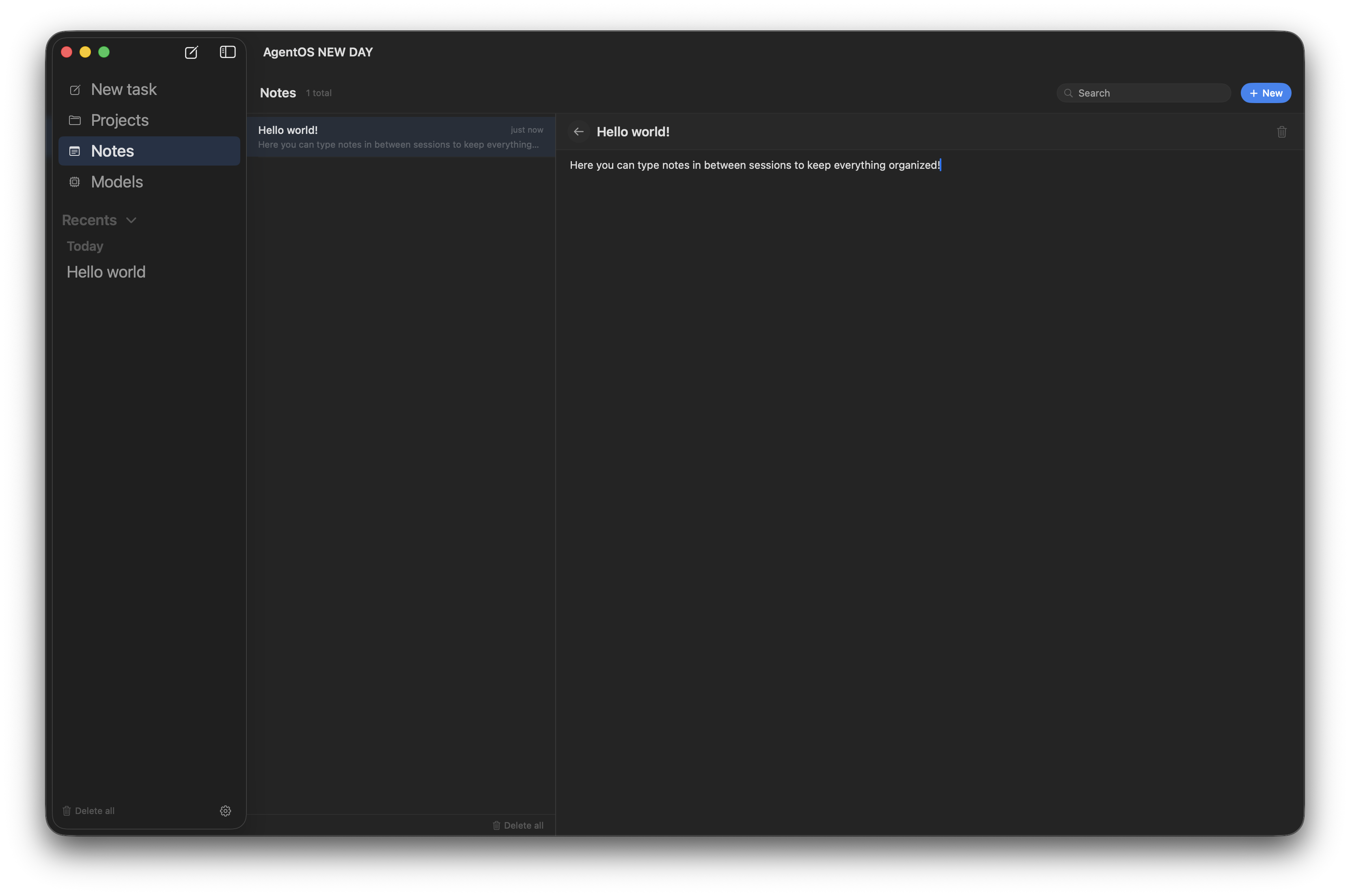 AgentOS Notes pane with a searchable list of notes on the left and the active note open in the editor on the right