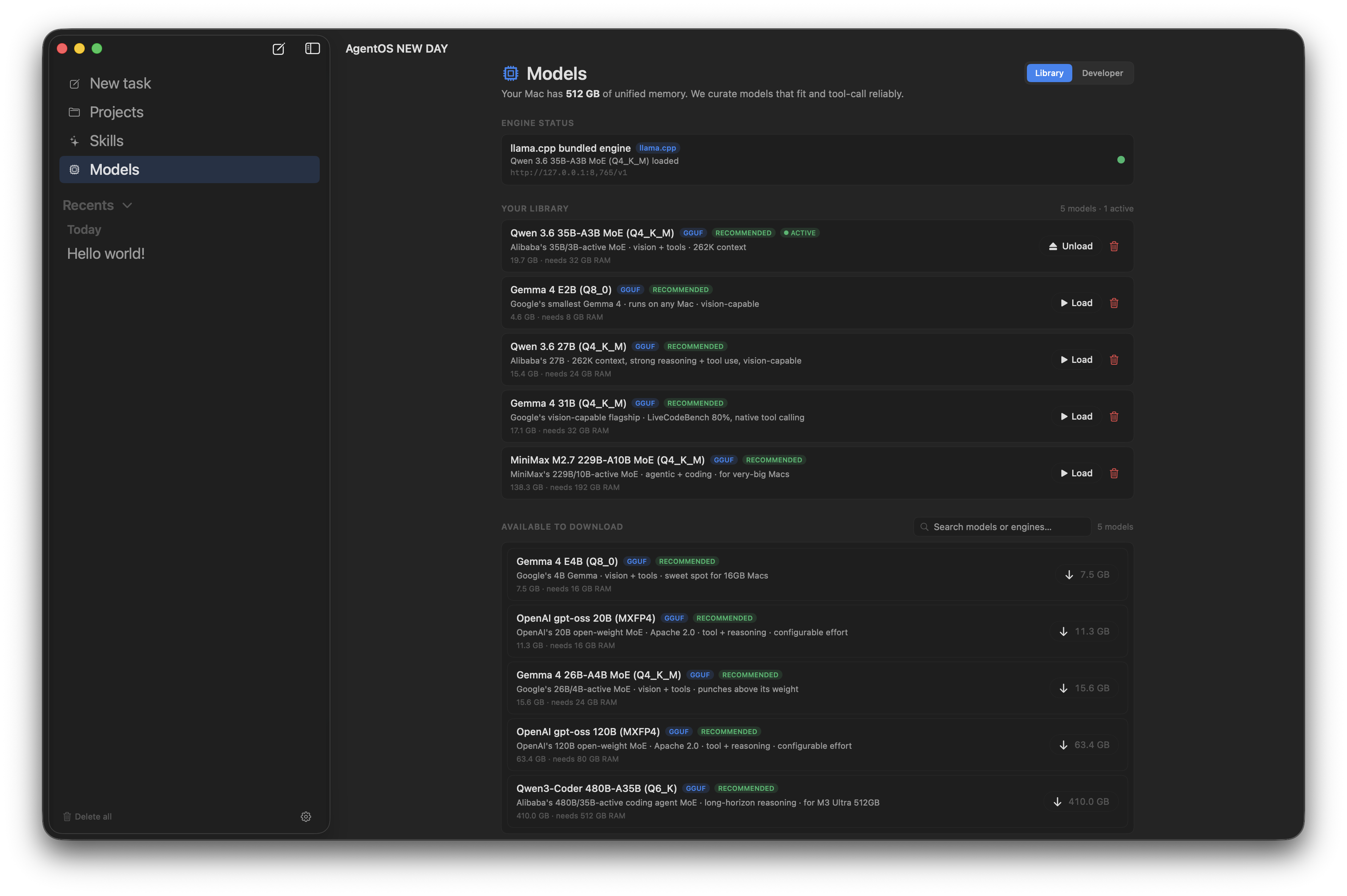 AgentOS Models pane showing the curated library and available downloads