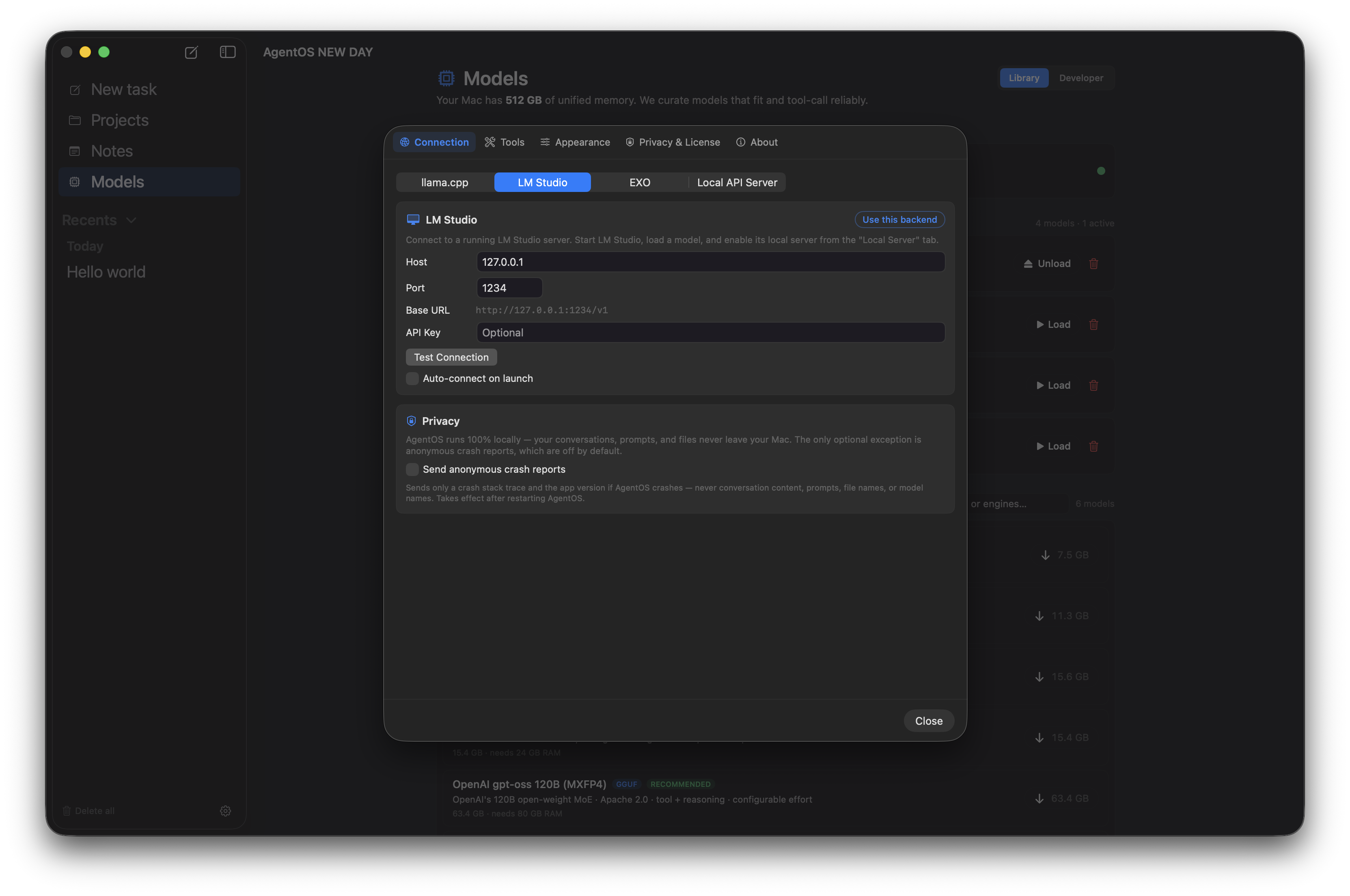 Connection settings showing the LM Studio tab with host, port, and Test Connection controls