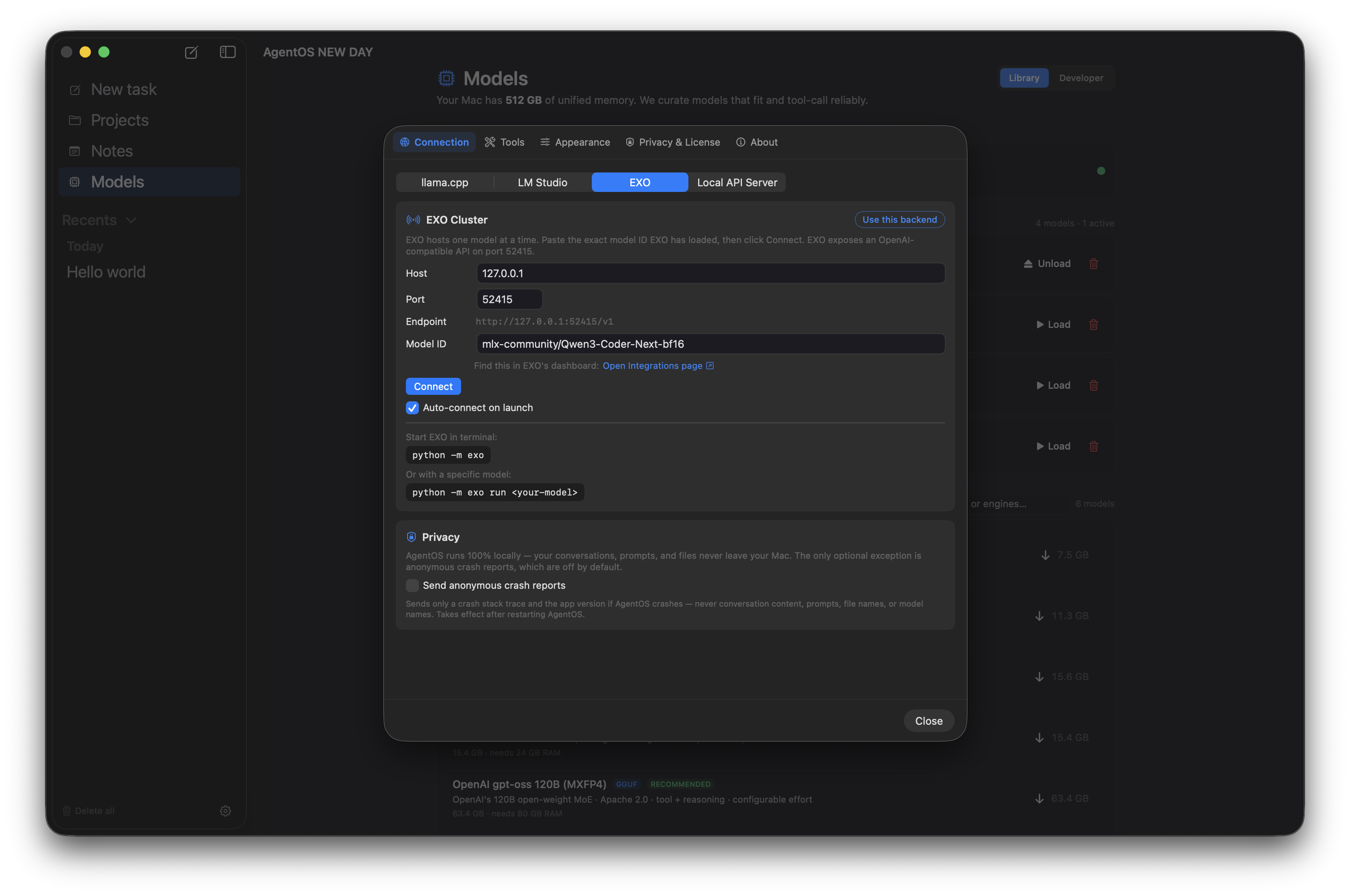 Connection settings showing the EXO cluster tab with model ID and Connect button