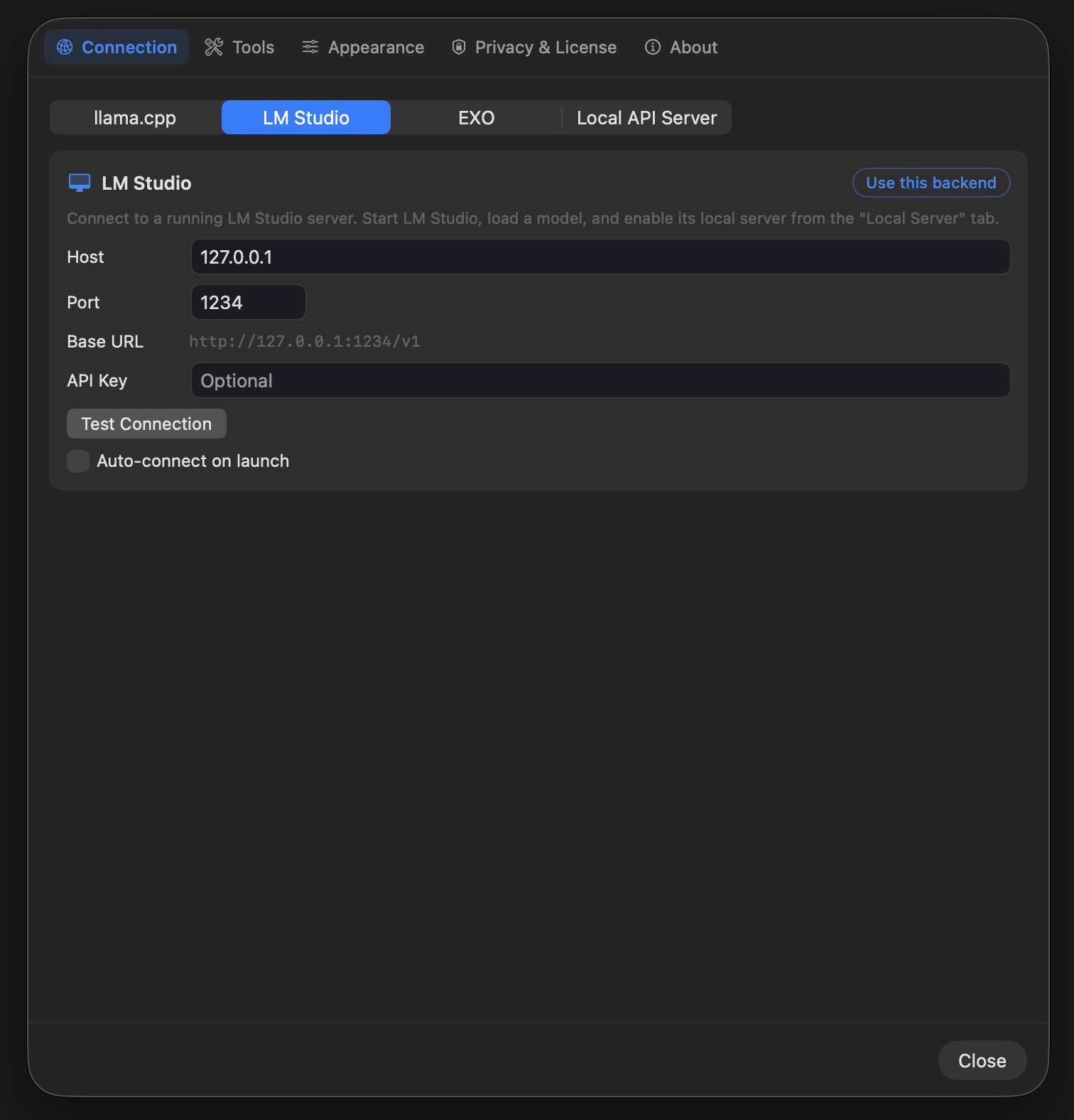 Connection settings showing the LM Studio tab with host, port, and Test Connection controls