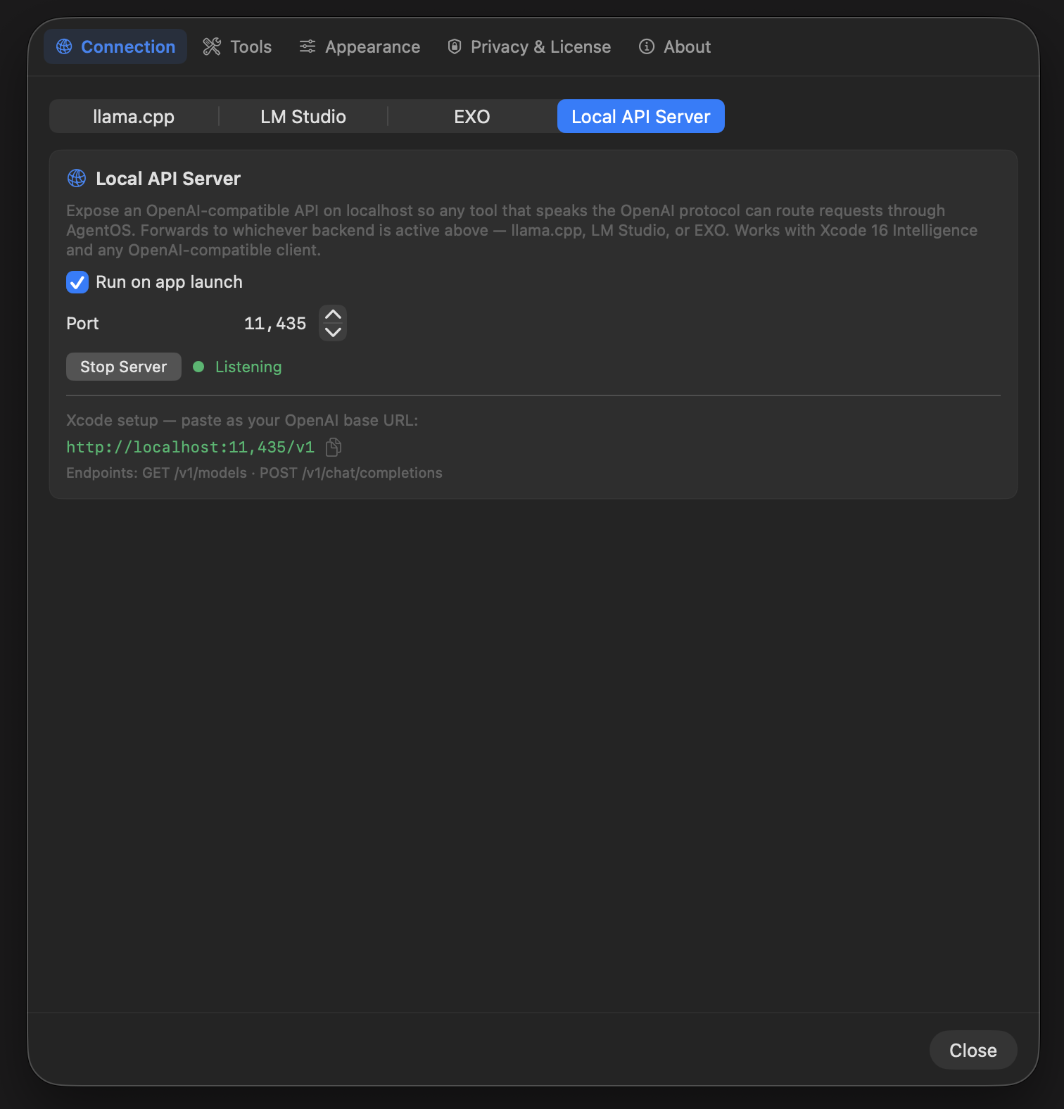 Connection settings showing the Local API Server tab listening on port 11435 for Xcode and other OpenAI clients
