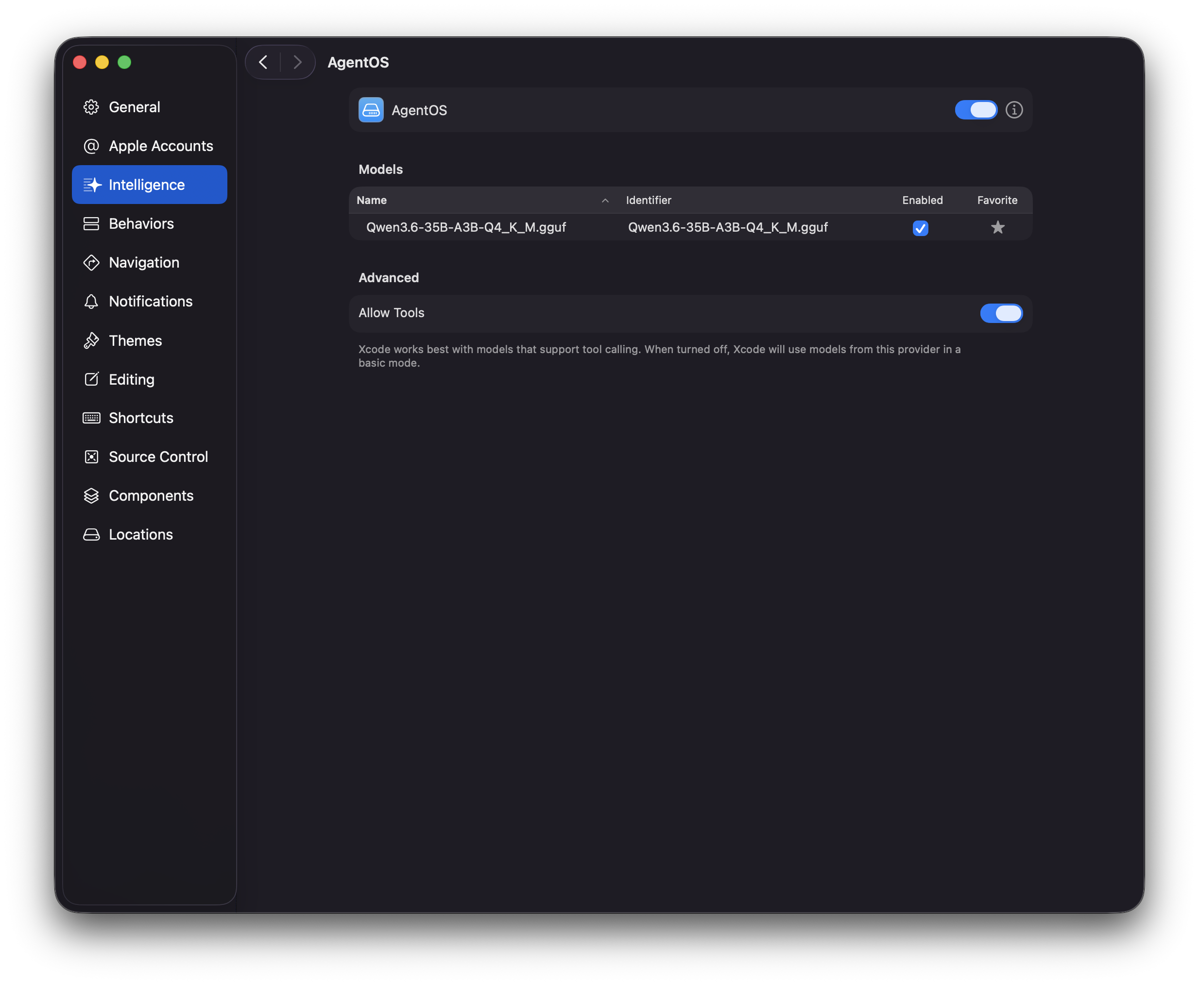 Xcode Settings, Intelligence pane, showing AgentOS registered as a provider with Qwen3.6-35B-A3B enabled and Allow Tools on
