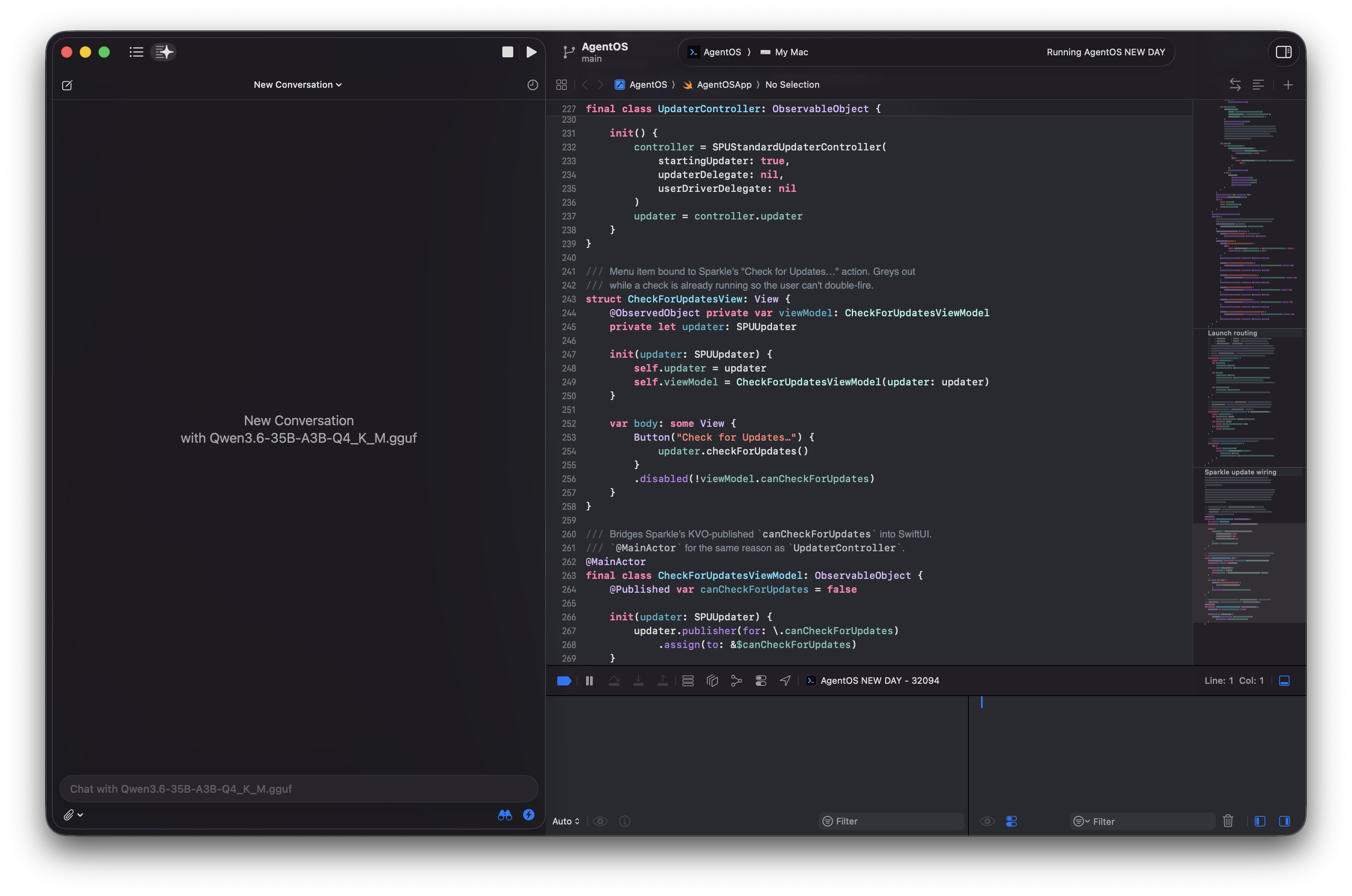Full Xcode 16 window showing real Swift code in the editor, the AI Assistant panel docked on the left with a fresh conversation tied to Qwen3.6-35B-A3B running locally through AgentOS