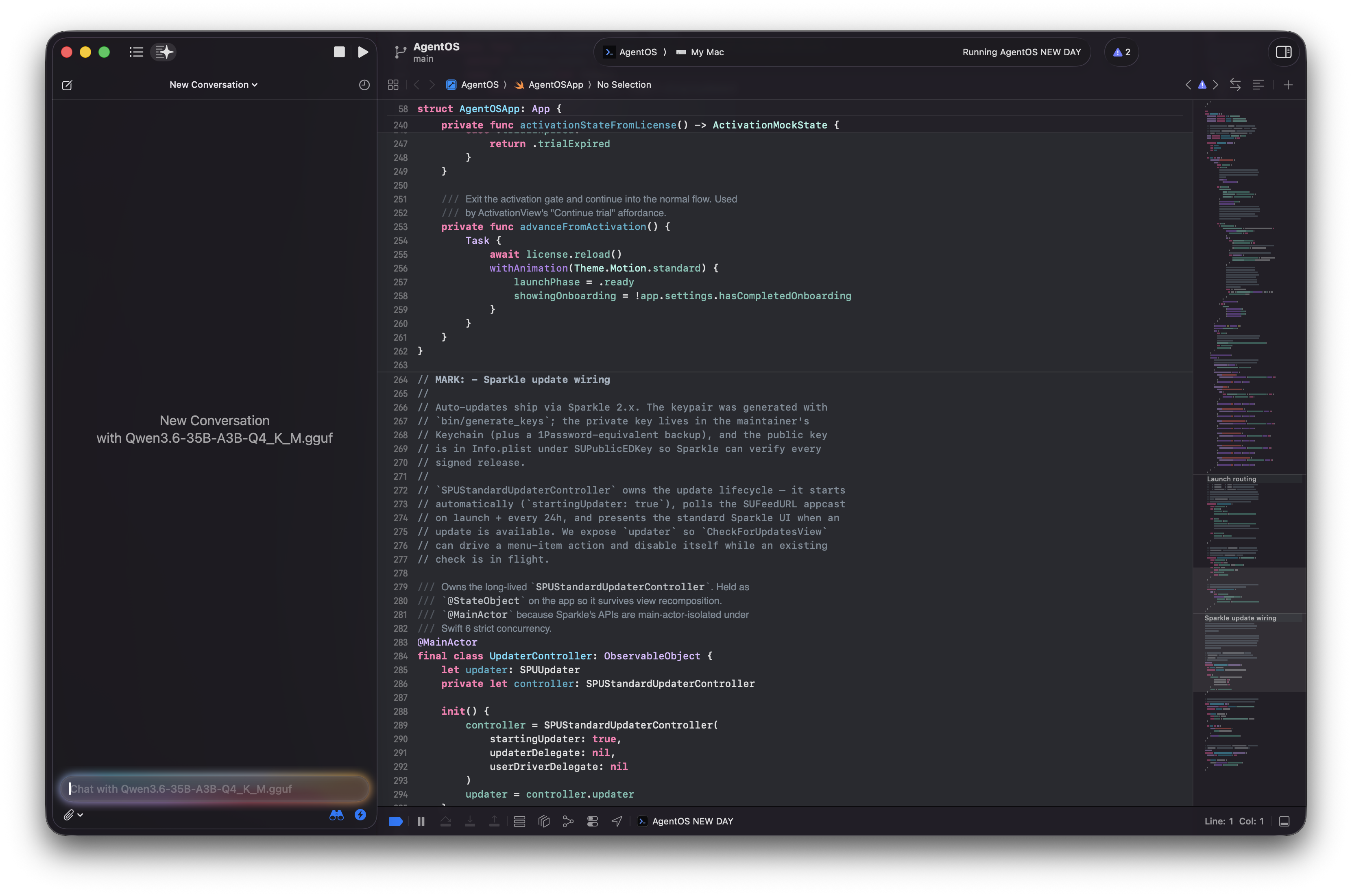 Full Xcode 16 window showing real Swift code in the editor, the AI Assistant panel docked on the left with a fresh conversation tied to Qwen3.6-35B-A3B running locally through AgentOS